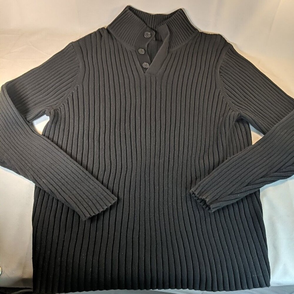 Gap Black Knit Sweater Mens Large L Collared 1/4 Button Long Sleeve 100% Cotton
